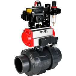 Кран шаровой BV4242E-FP-GRM-ISO Дн15 Ру10 полнопроходной, корпус - НПВХ, шар - НПВХ, уплотнение - EPDM, с пневмоприводом PA-SA-052, пневмораспределителем 4M310-08 DC24V, БКВ APL-410N EX и БПВ AFC2000