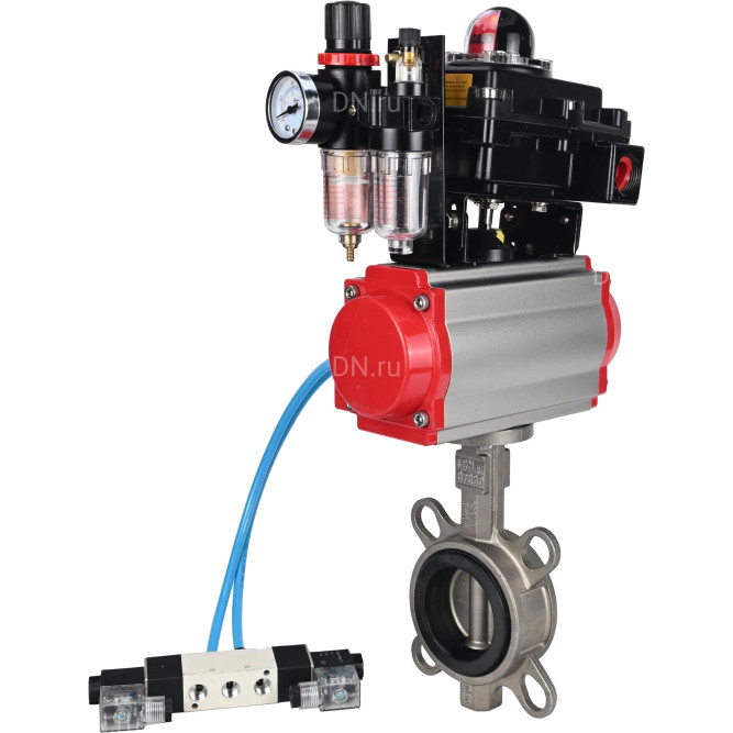 Затвор дисковый поворотный WBV3131E-2W-Fb-H Ду100 Ру16, корпус - нержавеющая сталь 304, диск - нержавеющая сталь 304, уплотнение - EPDM, с пневмоприводом PA-SA-130, пневмораспределителем 4V320-10 AC220V, БКВ APL-410N EX и БПВ AFC2000 в Уфе