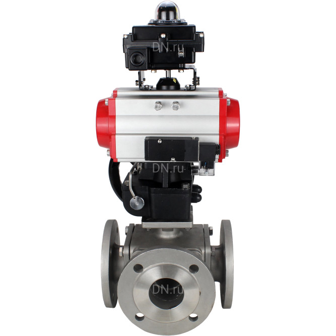 Кран шаровой BV3232P(4pc)-FP-3WL-F Ду20 Ру16 полнопроходной трехходовой, фланцевый, корпус - нержав.сталь SS316, пневмопривод PA-DA-052 двойн.действия, пневмораспределитель 4M310-08 AC220V, БКВ APL-410N EX и ручной дублер MON1-250-T26-ISO в Уфе