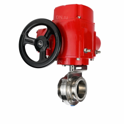 Затвор дисковый поворотный WBV3131S-2W-C-H Ду65 Ру10 кламповый, корпус - пищевая нержавеющая сталь 304, уплотнение - Silicon, с электроприводом QT-EX-005M-O2-220VAC-У1 с моментной муфтой и штурвалом