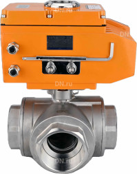 Кран шаровой BV3232P(4pc)-SP-3WT-T-ISO-H Ду40 Ру63 стандартнопроходной T-тип, трехходовой, нержавеющая сталь, внутренняя резьба, уплотнение - PTFE, с эл. приводом E34-N-005EM-O1-220VAC-У1