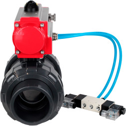 Кран шаровой BV4242E-FP-GRM-ISO Дн32 Ру10 полнопроходной, корпус - НПВХ, шар - НПВХ, уплотнение - EPDM, с пневмоприводом PA-DA-052 и пневмораспределителем 4V320-08 AC220V