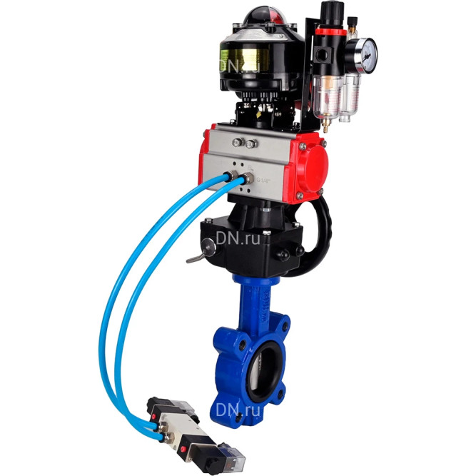 Затвор дисковый поворотный WBV1631E-2W-Fb-H Ду125 Ру16 LUG, корпус - чугун, диск - сталь 304, уплотнение - EPDM, с пневмоприводом PA-DA-105, пневмораспределителем 4M320-08 AC220V, ручным дублером MON3-700-T38-ISO, БКВ APL-510N EX и БПВ AFC2000 в Уфе