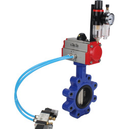 Затвор дисковый поворотный WBV1616N-2W-Fb-H Ду125 Ру16 LUG корпус - чугун QT450, диск - чугун QT450, уплотнение - NBR, с пневмоприводом PA-DA-105, пневмораспределителем 4V320-08 AC220V и БПВ AFC2000