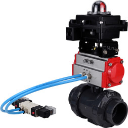 Кран шаровой BV4242E-FP-GRM-ISO Дн65 Ру10 полнопроходной, корпус - НПВХ, шар - НПВХ, уплотнение - EPDM, с пневмоприводом PA-SA-065, пневмораспределителем 4V320-10 AC220V и БКВ APL-410N EX