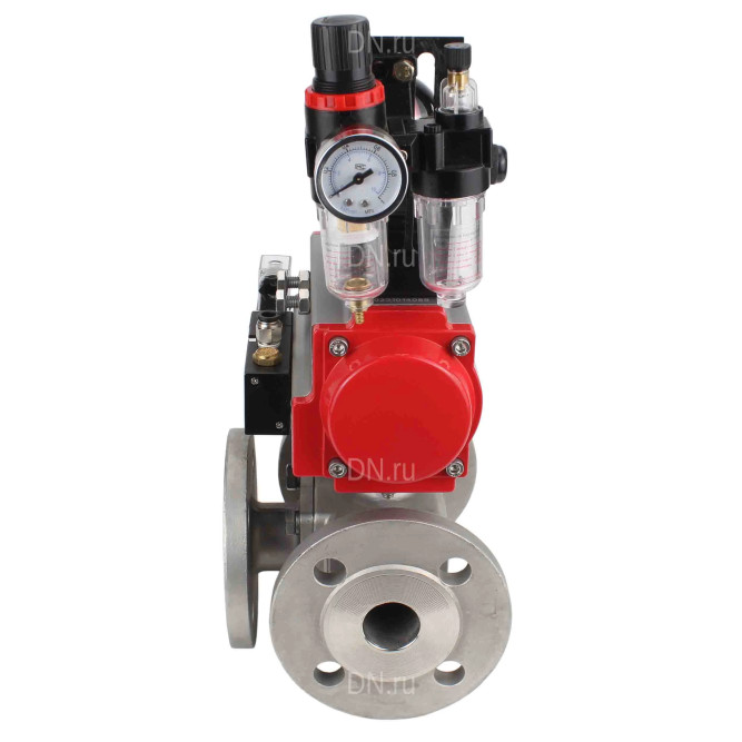 Кран шаровой BV3232P(4pc)-FP-3WL-F Ду25 Ру16 полнопроходной трехходовой, фланцевый, корпус - нержавеющая сталь SS316, с пневмоприводом PA-SA-083 с возвратными пружинами, пневмораспределителем 4M310-08 DC24V, БКВ APL-210N и БПВ AFC2000 в Уфе