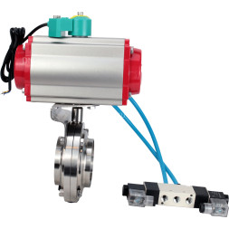 Затвор дисковый поворотный WBV3131S-2W-W-H Ду15 Ру10 под приварку, пищевая нержавеющая сталь 304, уплотнение - Silicon, с пневмоприводом PA-DA-052, пневмораспределителем 4V320-10 AC220V и магнитным переключателем ALS200D