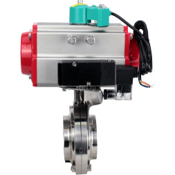 Затвор дисковый поворотный WBV3131S-2W-W-H Ду15 Ру10 под приварку, пищевая нержавеющая сталь 304, уплотнение - Silicon, с пневмоприводом PA-DA-052, пневмораспределителем 4V320-10 AC220V и магнитным переключателем ALS200D