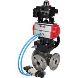 Кран шаровой BV3232P(4pc)-FP-3WL-F Ду20 Ру16 полнопроходной трехходовой, фланцевый, нержав.сталь SS316, с пневмоприводом PA-DA-052 двойн.действия, пневмораспределителем 4V320-10 AC220V, БКВ APL-410N EX и ручным дублером MON1-250-T26-ISO