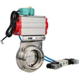 Затвор дисковый поворотный WBV3131E-2W-T-H Ду80 Ру10 резьбовой, корпус - пищевая нержавеющая сталь 304, уплотнение - EPDM, с пневмоприводом PA-SA-083, пневмораспределителем 4M320-10 AC220V, магнитным переключателем ALS200D