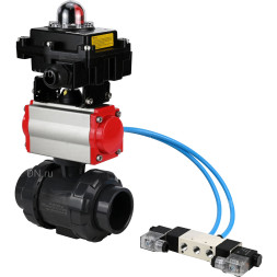 Кран шаровой BV4242E-FP-GRM-ISO Дн100 Ру10 полнопроходной, корпус - НПВХ, шар - НПВХ, уплотнение - EPDM, с пневмоприводом PA-SA-083, пневмораспределителем 4V320-10 AC220V и БКВ APL-410N EX