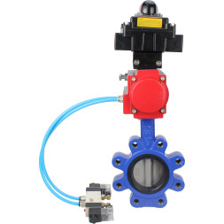 Затвор дисковый поворотный WBV1631N-2W-Fb-H Ду50 Ру16 LUG корпус - чугун QT450, диск - нержавеющая сталь 304, уплотнение - NBR, с пневмоприводом PA-DA-065, пневмораспределителем 4V320-10 AC220V и БКВ APL-410N EX