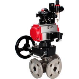 Кран шаровой BV3232P(4pc)-FP-3WL-F Ду15 Ру16 полнопроходной трехходовой, фланцевый, корпус - нержав.сталь SS316, с пневмоприводом PA-DA-052, пневмораспределителем 4M310-08 DC24V, БКВ APL-210N, ручным дублером MON1-250-T26-ISO и БПВ AFC2000