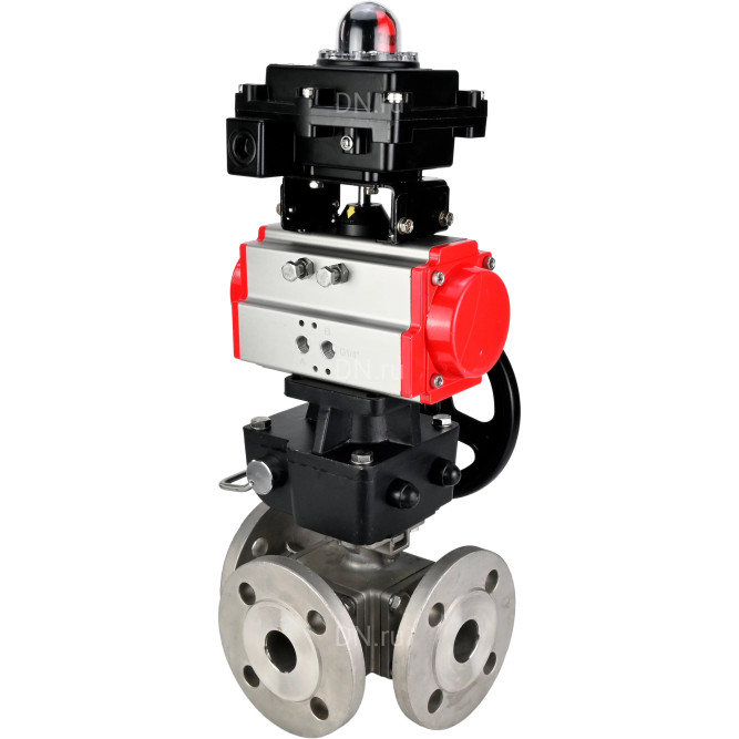 Кран шаровой BV3232P(4pc)-FP-3WL-F Ду20 Ру16 полнопроходной трехходовой, фланцевый, корпус - нержавеющая сталь SS316, с пневмоприводом PA-DA-052 двойного действия, БКВ APL-410N EX и ручным дублером MON1-250-T26-ISO в Уфе