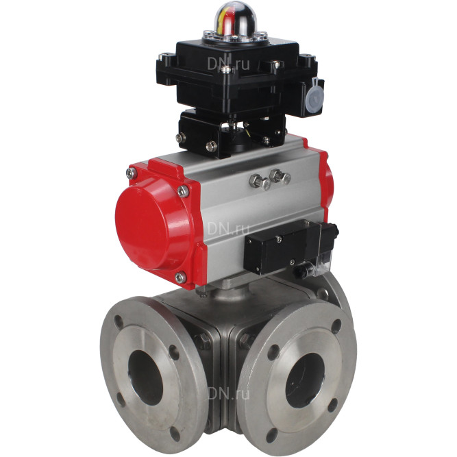 Кран шаровой BV3232P(4pc)-FP-3WL-F Ду15 Ру16 полнопроходной трехходовой, фланцевый, корпус - нержавеющая сталь SS316, с пневмоприводом PA-SA-052 с возвратными пружинами, пневмораспределителем 4M310-08 DC24V и БКВ APL-410N EX в Уфе
