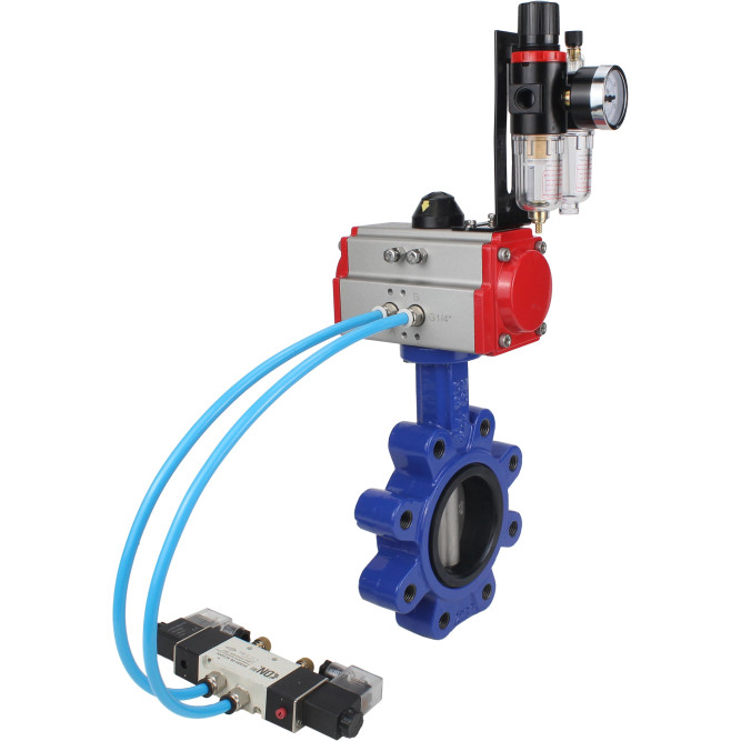 Затвор дисковый поворотный WBV1631E-2W-Fb-H Ду125 Ру16 LUG корпус - чугун QT450, диск - нержавеющая сталь 304, уплотнение - EPDM, с пневмоприводом PA-DA-105, пневмораспределителем 4V320-08 AC220V и БПВ AFC2000 в Уфе