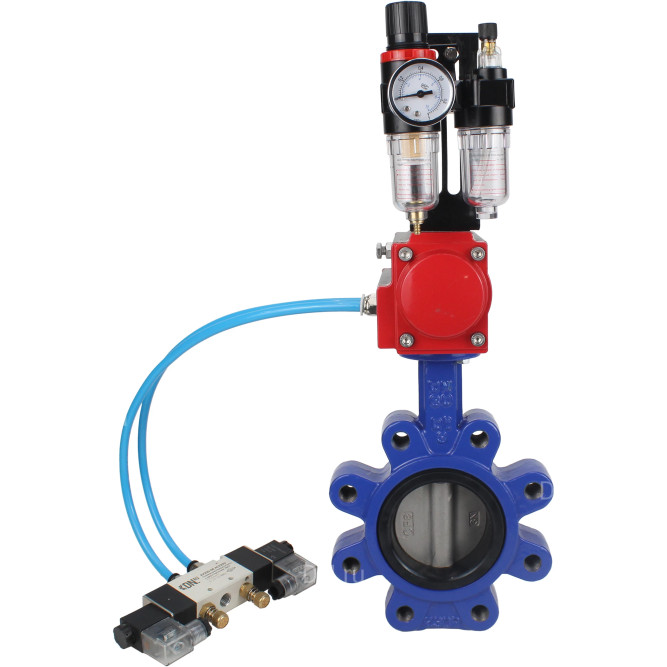 Затвор дисковый поворотный WBV1631E-2W-Fb-H Ду125 Ру16 LUG корпус - чугун QT450, диск - нержавеющая сталь 304, уплотнение - EPDM, с пневмоприводом PA-DA-105, пневмораспределителем 4V320-08 AC220V и БПВ AFC2000 в Уфе