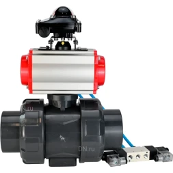 Кран шаровой BV4242E-FP-GRM-ISO Дн25 Ру10 полнопроходной, корпус - НПВХ, шар - НПВХ, уплотнение - EPDM, с пневмоприводом PA-DA-052, пневмораспределителем 4V320-08 AC220V и БКВ APL-210N