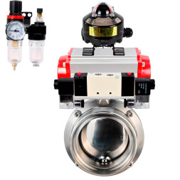 Затвор дисковый поворотный WBV3131E-2W-T-H Ду65 Ру10 резьбовой, пищевая нержавеющая сталь 304, уплотнение – EPDM, с пневмоприводом PA-DA-065, пневмораспределителем 4V320-08 AC220V, БКВ APL-510N EX и БПВ AFC2000