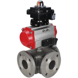 Кран шаровой BV3232P(4pc)-FP-3WL-F Ду20 Ру16 полнопроходной трехходовой, фланцевый, корпус - нержавеющая сталь SS316, с пневмоприводом PA-SA-065 с возвратными пружинами, пневмораспределителем 4M310-08 DC24V и БКВ APL-410N EX
