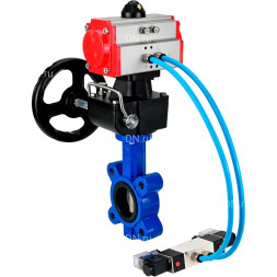 Затвор дисковый поворотный WBV1631E-2W-Fb-H Ду125 Ру16 LUG, корпус - чугун QT450, диск - нержавеющая сталь 304, уплотнение - EPDM, с пневмоприводом PA-DA-105, пневмораспределителем 4M320-10 AC220V и ручным дублером MON3-700-T38-ISO
