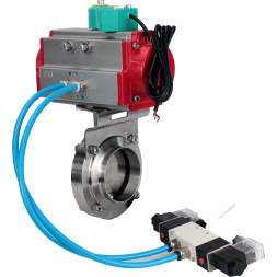 Затвор дисковый поворотный WBV3131E-2W-W-H Ду25 Ру10 под приварку, пищевая нержавеющая сталь 304, уплотнение - EPDM, с пневмоприводом PA-DA-052, пневмораспределителем 4V320-10 AC220V и магнитным переключателем ALS200D