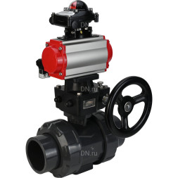 Кран шаровой BV4242E-FP-GRM-ISO Дн80 Ру10 полнопроходной, корпус - НПВХ, шар - НПВХ, уплотнение - EPDM, с пневмоприводом PA-DA-065, пневмораспределителем 4M310-08 DC24V, ручным дублером MON1-250-T26-ISO и БКВ APL-210N
