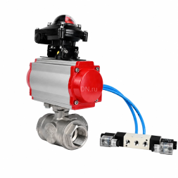 Кран шаровой BV3232P(4pc)-SP-3WL-T-ISO-H WDVF Ду40 Ру63 стандартнопроходной, 3-ходовой L-тип, внутренняя резьба, нержавеющая сталь AISI 316, PTFE, с пневмоприводом PA-DA-083, пневмораспределителем 4V320-08 AC220V и БКВ APL-210N