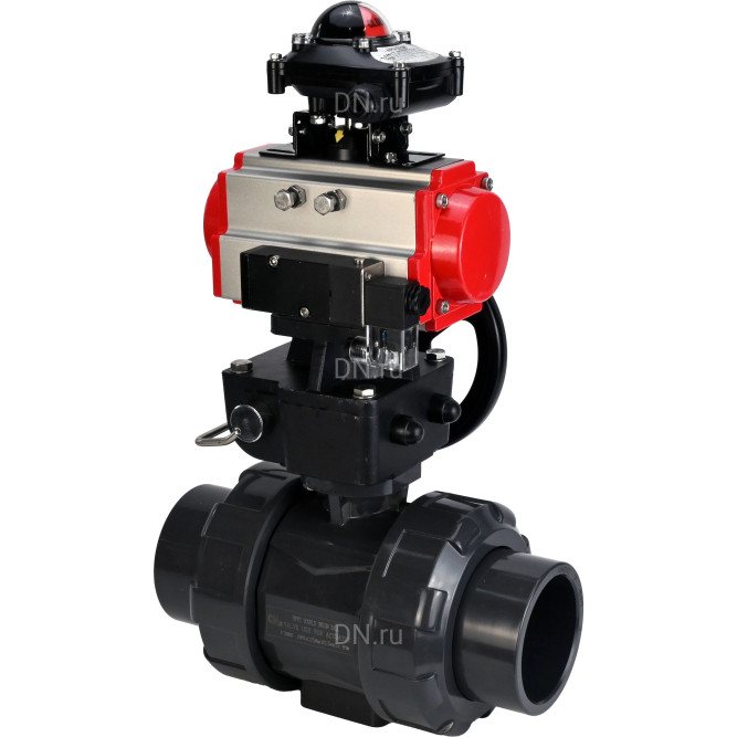 Кран шаровой BV4242E-FP-GRM-ISO Дн100 Ру10 полнопроходной, корпус - НПВХ, шар - НПВХ, уплотнение - EPDM, с пневмоприводом PA-DA-065, пневмораспределителем 4M310-08 DC24V, ручным дублером MON1-250-T26-ISO и БКВ APL-210N в Уфе