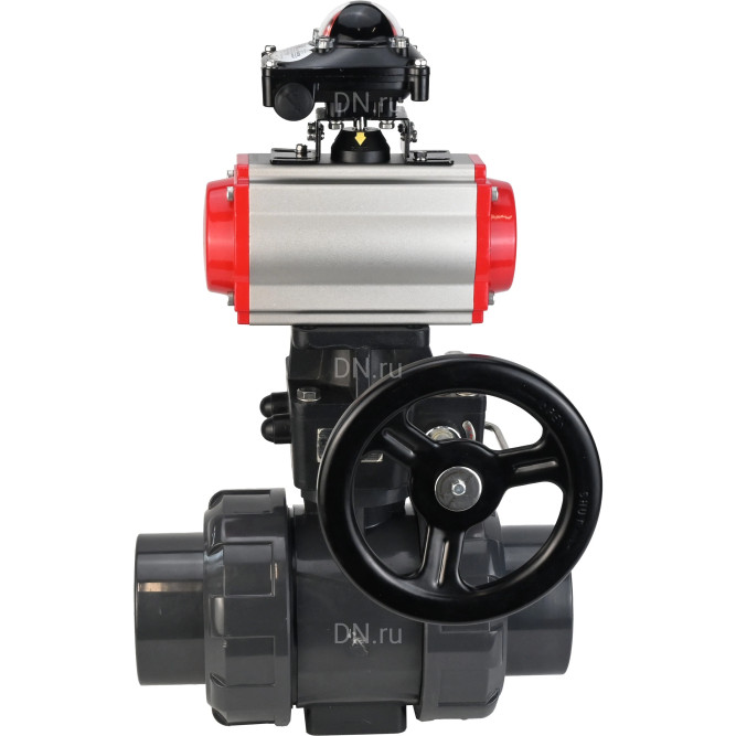 Кран шаровой BV4242E-FP-GRM-ISO Дн100 Ру10 полнопроходной, корпус - НПВХ, шар - НПВХ, уплотнение - EPDM, с пневмоприводом PA-DA-065, пневмораспределителем 4M310-08 DC24V, ручным дублером MON1-250-T26-ISO и БКВ APL-210N в Уфе