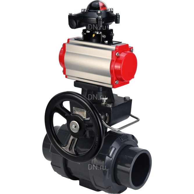 Кран шаровой BV4242E-FP-GRM-ISO Дн100 Ру10 полнопроходной, корпус - НПВХ, шар - НПВХ, уплотнение - EPDM, с пневмоприводом PA-DA-065, пневмораспределителем 4M310-08 DC24V, ручным дублером MON1-250-T26-ISO и БКВ APL-210N в Уфе