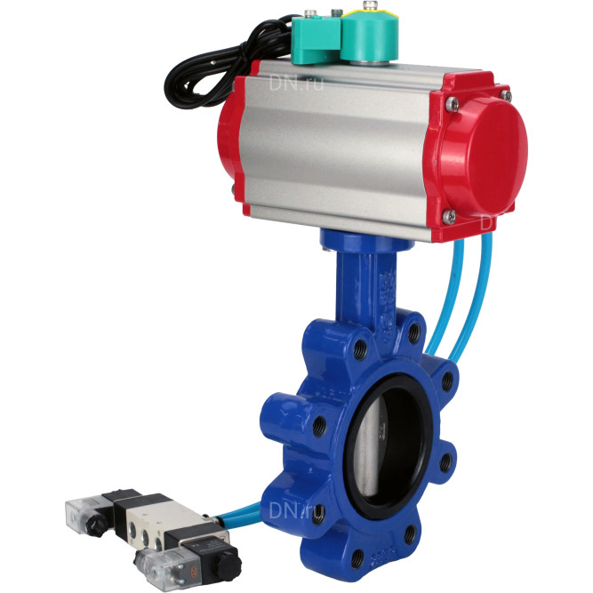 Затвор дисковый поворотный WBV1631N-2W-Fb-H Ду80 Ру16 LUG корпус - чугун QT450, диск - нержавеющая сталь 304, уплотнение - NBR, с пневмоприводом PA-DA-083, пневмораспределителем 4V320-08 AC220V и магнитным переключателем ALS200D в Уфе