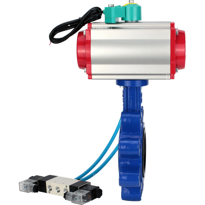 Затвор дисковый поворотный WBV1631N-2W-Fb-H Ду80 Ру16 LUG корпус - чугун QT450, диск - нержавеющая сталь 304, уплотнение - NBR, с пневмоприводом PA-DA-083, пневмораспределителем 4V320-08 AC220V и магнитным переключателем ALS200D в Уфе