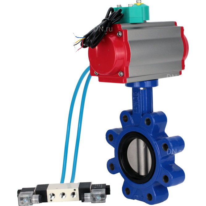 Затвор дисковый поворотный WBV1631N-2W-Fb-H Ду80 Ру16 LUG корпус - чугун QT450, диск - нержавеющая сталь 304, уплотнение - NBR, с пневмоприводом PA-DA-083, пневмораспределителем 4V320-08 AC220V и магнитным переключателем ALS200D в Уфе