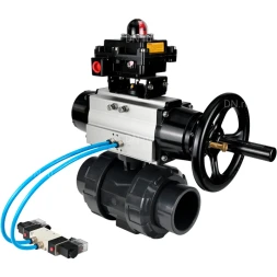 Кран шаровой BV4242E-FP-GRM-ISO Дн100 Ру10 полнопроходной, корпус - НПВХ, шар - НПВХ, уплотнение - EPDM, с пневмоприводом PA-DA-105-1, пневмораспределителем 4V320-10 AC220V и БКВ APL-410N EX