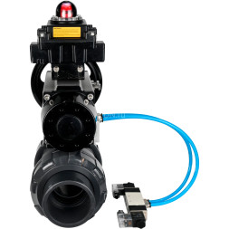 Кран шаровой BV4242E-FP-GRM-ISO Дн100 Ру10 полнопроходной, корпус - НПВХ, шар - НПВХ, уплотнение - EPDM, с пневмоприводом PA-DA-105-1, пневмораспределителем 4V320-10 AC220V и БКВ APL-410N EX