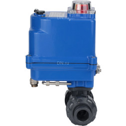 Кран шаровой BV4242E-FP-GRM-ISO Дн32 Ру10 полнопроходной, клеевой с разборным муфтовым соединением, корпус - НПВХ, шар - НПВХ, уплотнение - EPDM, с электроприводом QT-N-003EM-O1-220VAC-У1 blue