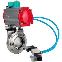 Затвор дисковый поворотный WBV3131S-2W-W-H Ду32 Ру10, под приварку, пищевая нержавеющая сталь 304, уплотнение - Silicon, с пневмоприводом PA-DA-052, пневмораспределителем 4M320-10 AC220V и магнитным переключателем ALS200D
