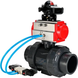 Кран шаровой BV4242E-FP-GRM-ISO Дн100 Ру10 полнопроходной, корпус - НПВХ, шар - НПВХ, уплотнение - EPDM, с пневмоприводом PA-DA-065, пневмораспределителем 4V320-08 AC220V и БКВ APL-210N