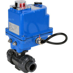Кран шаровой BV4242E-FP-GRM-ISO Дн40 Ру10 полнопроходной, клеевой с разборным муфтовым соединением, корпус - НПВХ, шар - НПВХ, уплотнение - EPDM, с электроприводом QT-N-003EM-O1-220VAC-У1 blue