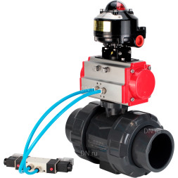 Кран шаровой BV4242E-FP-GRM-ISO Дн20 Ру10 полнопроходной, корпус - НПВХ, шар - НПВХ, уплотнение - EPDM, с пневмоприводом PA-DA-052, пневмораспределителем 4V320-08 AC220V и БКВ APL-510N EX