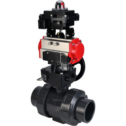 Кран шаровой BV4242E-FP-GRM-ISO Дн32 Ру10 полнопроходной, корпус - НПВХ, шар - НПВХ, уплотнение - EPDM, с пневмоприводом PA-DA-052, пневмораспределителем 4M310-08 AC220V, ручным дублером MON1-250-T26-ISO и БКВ APL-410N EX