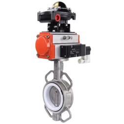 Затвор дисковый поворотный WBV3232P-2W-Fb-H Ду125 Ру16, корпус - нержавеющая сталь 316L, диск - нержавеющая сталь 316L, уплотнение - PTFE, с пневмоприводом PA-DA-105 двойного действия, с пневмораспределителем 4V320-10 AC220V, с БКВ APL-410N EX