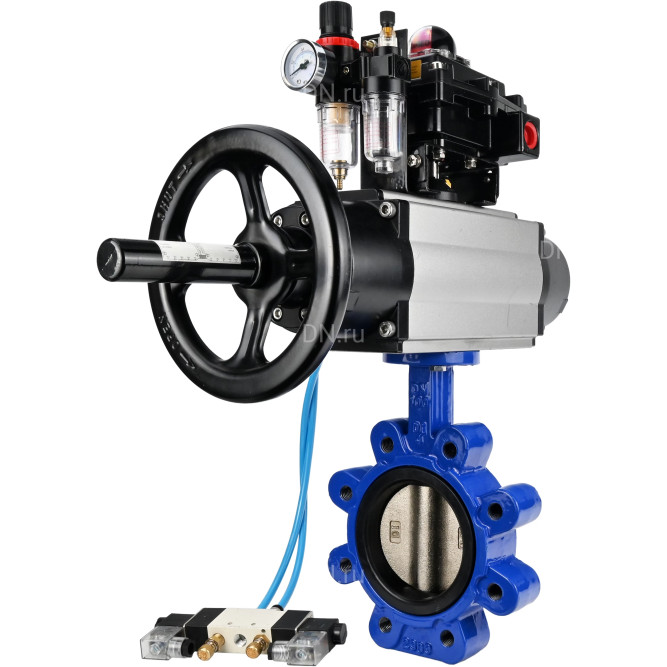 Затвор дисковый поворотный WBV1616E-2W-Fb-H Ду125 Ру16 LUG корпус - чугун QT450, диск - чугун QT450, уплотнение - EPDM, с пневмоприводом PA-DA-105-1, пневмораспределителем 4V320-08 AC220V, БКВ APL-410N EX и БПВ AFC2000 в Уфе