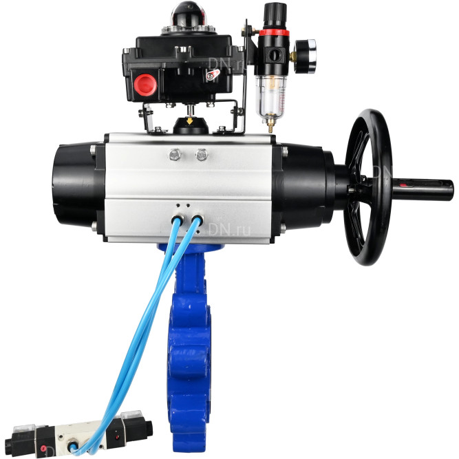 Затвор дисковый поворотный WBV1616E-2W-Fb-H Ду125 Ру16 LUG корпус - чугун QT450, диск - чугун QT450, уплотнение - EPDM, с пневмоприводом PA-DA-105-1, пневмораспределителем 4V320-08 AC220V, БКВ APL-410N EX и БПВ AFC2000 в Уфе