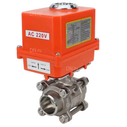Кран шаровой BV3232P(3pc)-FP-W-ISO-H Ду10 Ру63 полнопроходной двухходовой, нержавеющая сталь SS316, под приварку, уплотнение - PTFE, с 1/4-оборотным электроприводом QT-N-003EM-O1-220VAC-У1 MINI