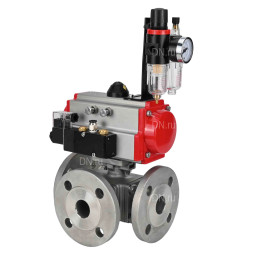 Кран шаровой BV3232P(4pc)-FP-3WL-F Ду15 Ру16 полнопроходной трехходовой, фланцевый, корпус - нержавеющая сталь SS316, с пневмоприводом PA-DA-052 двойного действия, пневмораспределителем 4M310-08 AC220V и БПВ AFC2000