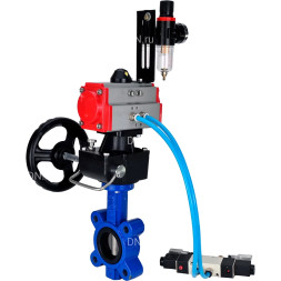 Затвор дисковый поворотный WBV1631E-2W-Fb-H Ду150 Ру16 LUG, корпус - чугун, диск - нержавеющая сталь 304, уплотнение - EPDM, с пневмоприводом PA-DA-105, пневмораспределителем 4M320-10 AC220V, ручным дублером MON3-700-T38-ISO и БПВ AFC2000