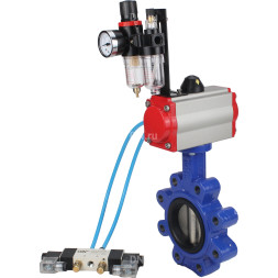 Затвор дисковый поворотный WBV1616E-2W-Fb-H Ду65 Ру16 LUG корпус - чугун QT450, диск - чугун QT450, уплотнение - EPDM, с пневмоприводом PA-DA-065, пневмораспределителем 4V320-08 AC220V и БПВ AFC2000