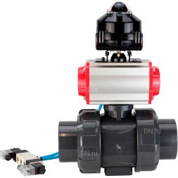 Кран шаровой BV4242E-FP-GRM-ISO Дн40 Ру10 полнопроходной, корпус - НПВХ, шар - НПВХ, уплотнение - EPDM, с пневмоприводом PA-DA-052, пневмораспределителем 4V320-08 AC220V и БКВ APL-510N EX